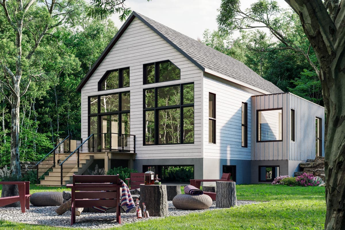 Modern house plan exterior with horizontal siding, multiple gables, and large casement windows.