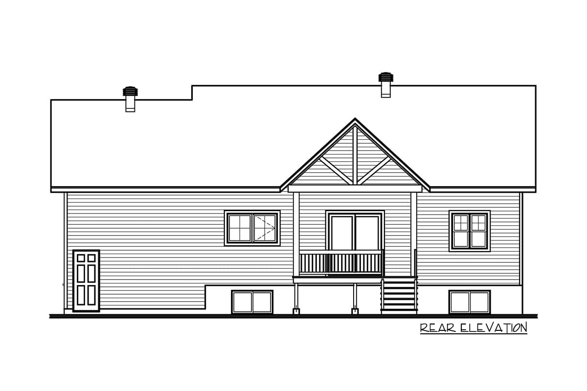Rear elevation of a house plan showing a gabled central section with a small porch, a door, multiple windows, and a sloped roof.