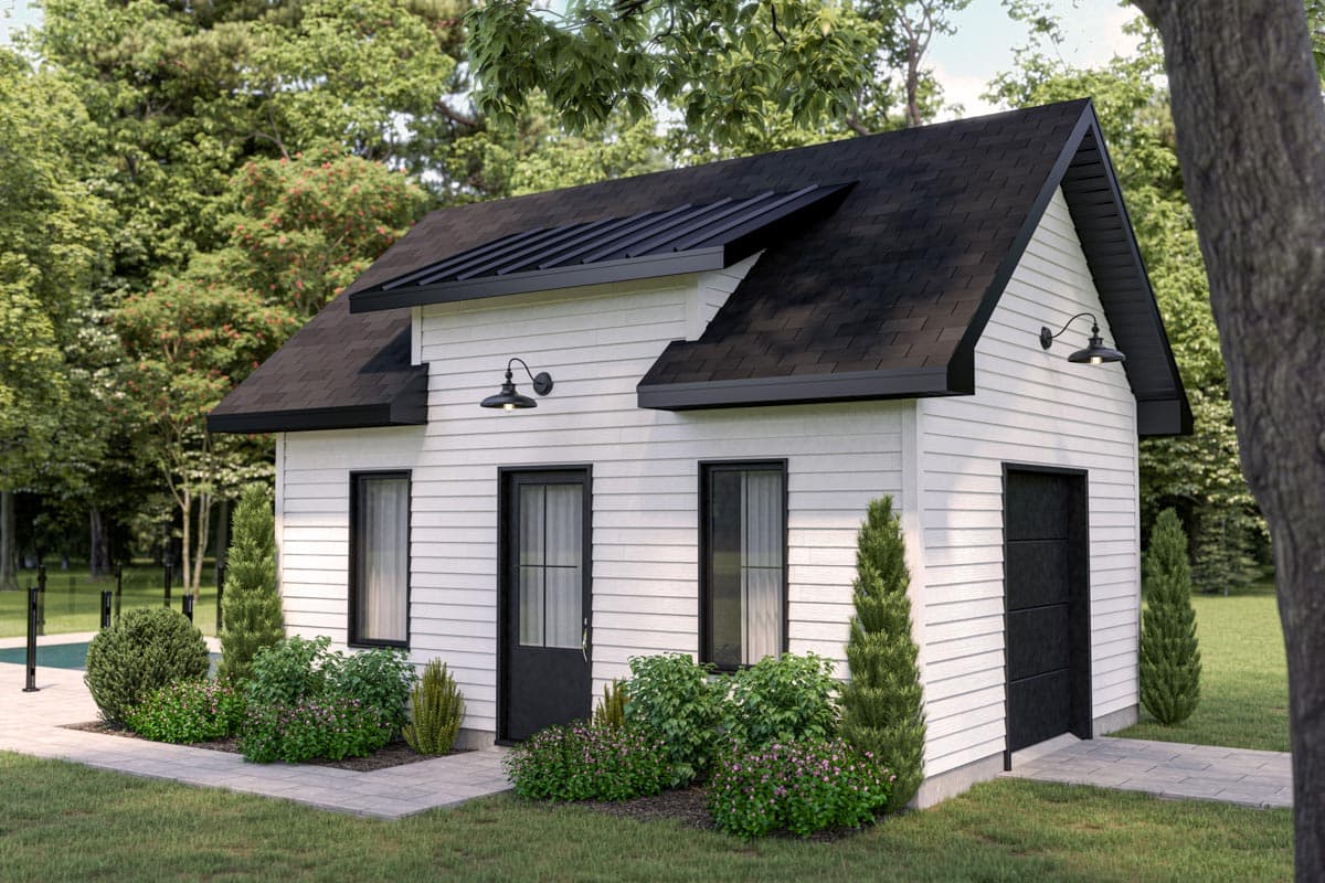 House plan exterior. One-story structure with board-and-batten siding, a gable roof with metal accents, and a shed-roofed entry.