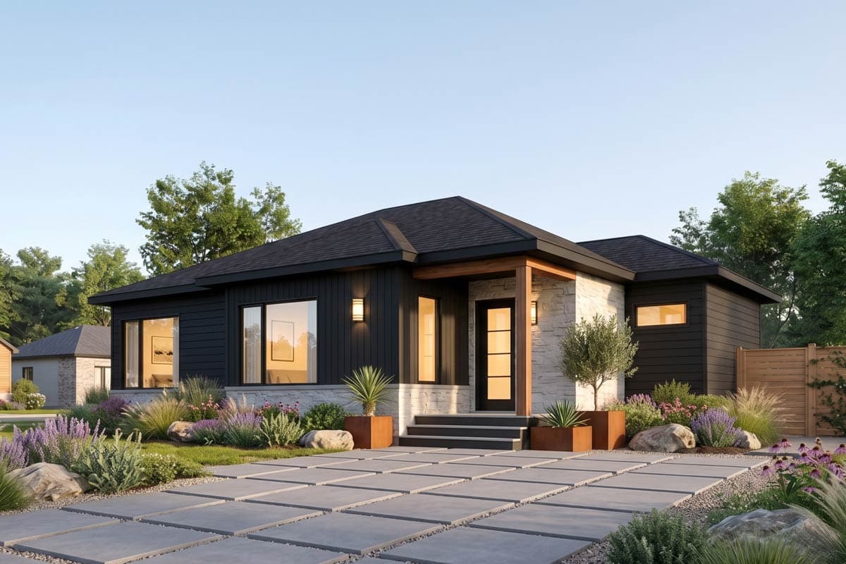 House plan exterior with modern design. Features include flat roof, stone facade, covered entry porch, and varying siding materials.