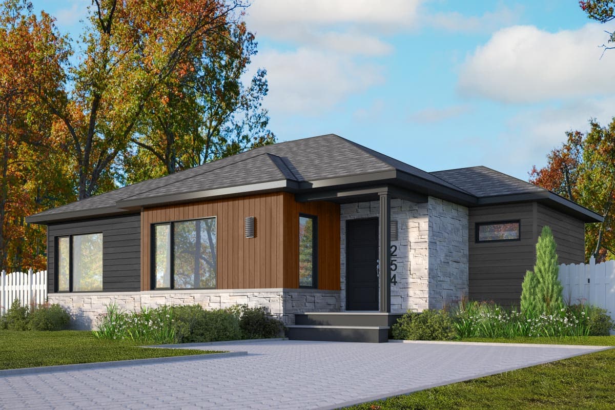 House plan exterior with modern design. Features include flat roof, stone facade, covered entry porch, and varying siding materials.