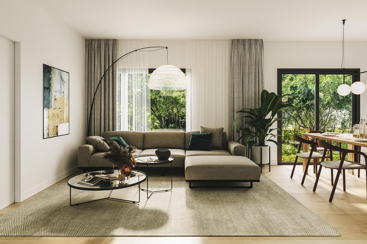 Interior rendering of an open-concept living and dining area with sectional sofa, coffee tables, and dining set.
