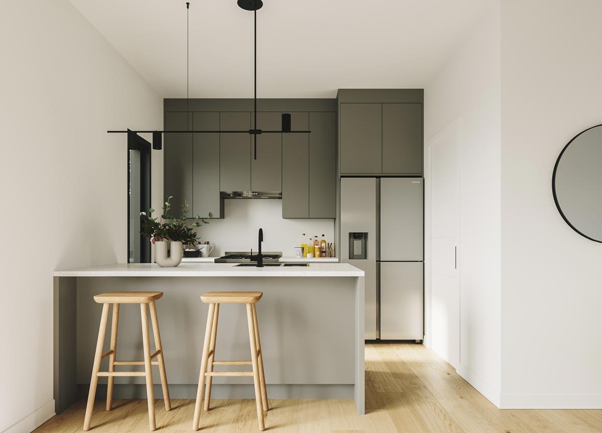 Modern kitchen with a large island, stainless steel refrigerator, and contemporary cabinetry.