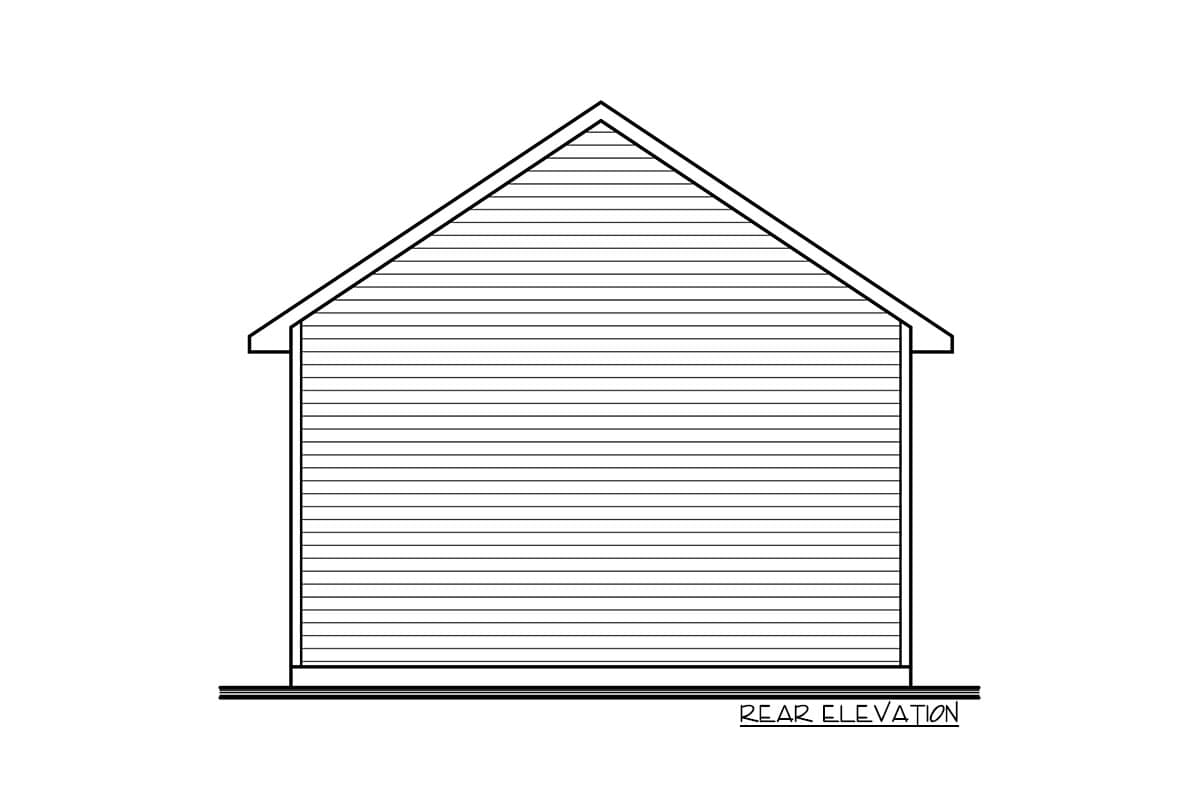 Rear elevation drawing of a house plan featuring horizontal siding and a gable roof.