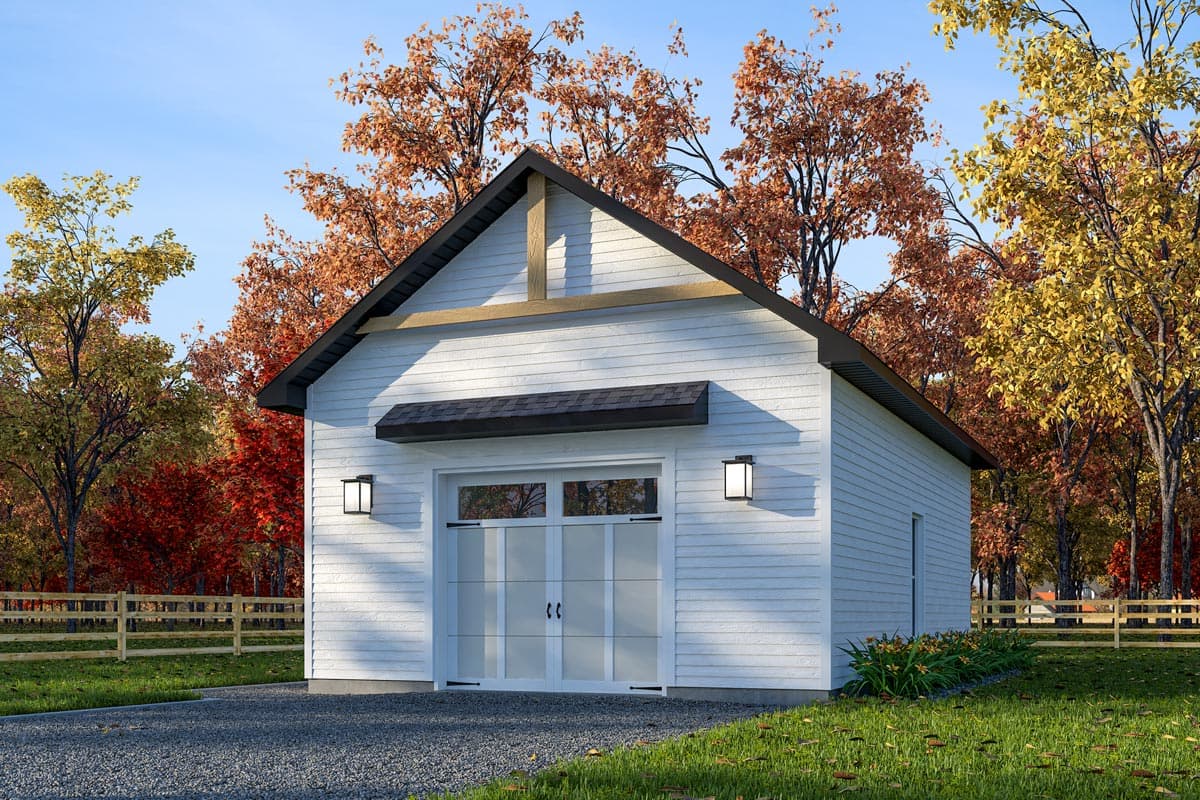 Modern Farmhouse style garage exterior with white clapboard siding, large glass garage door, and exposed rafter tails.