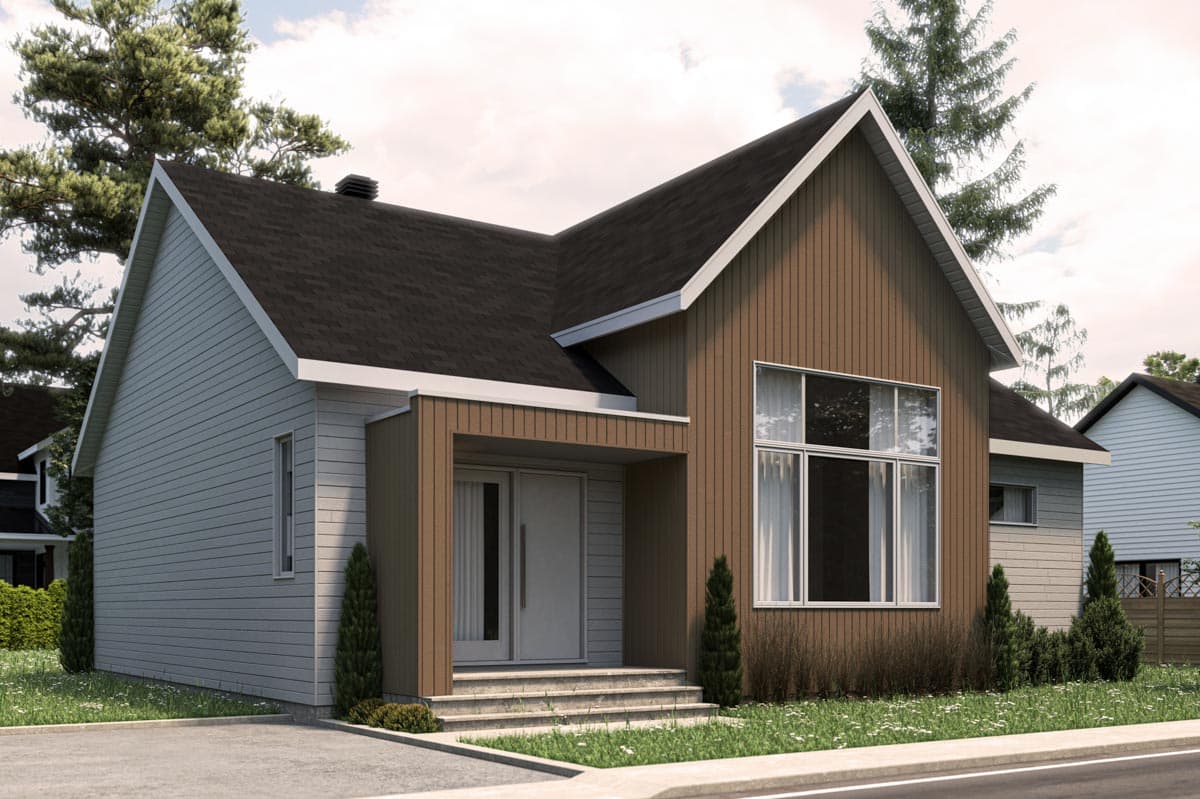 House plan exterior. Modern style, one-story home with a gabled roof, vertical siding, and a covered entry. Large windows and a simple roofline.