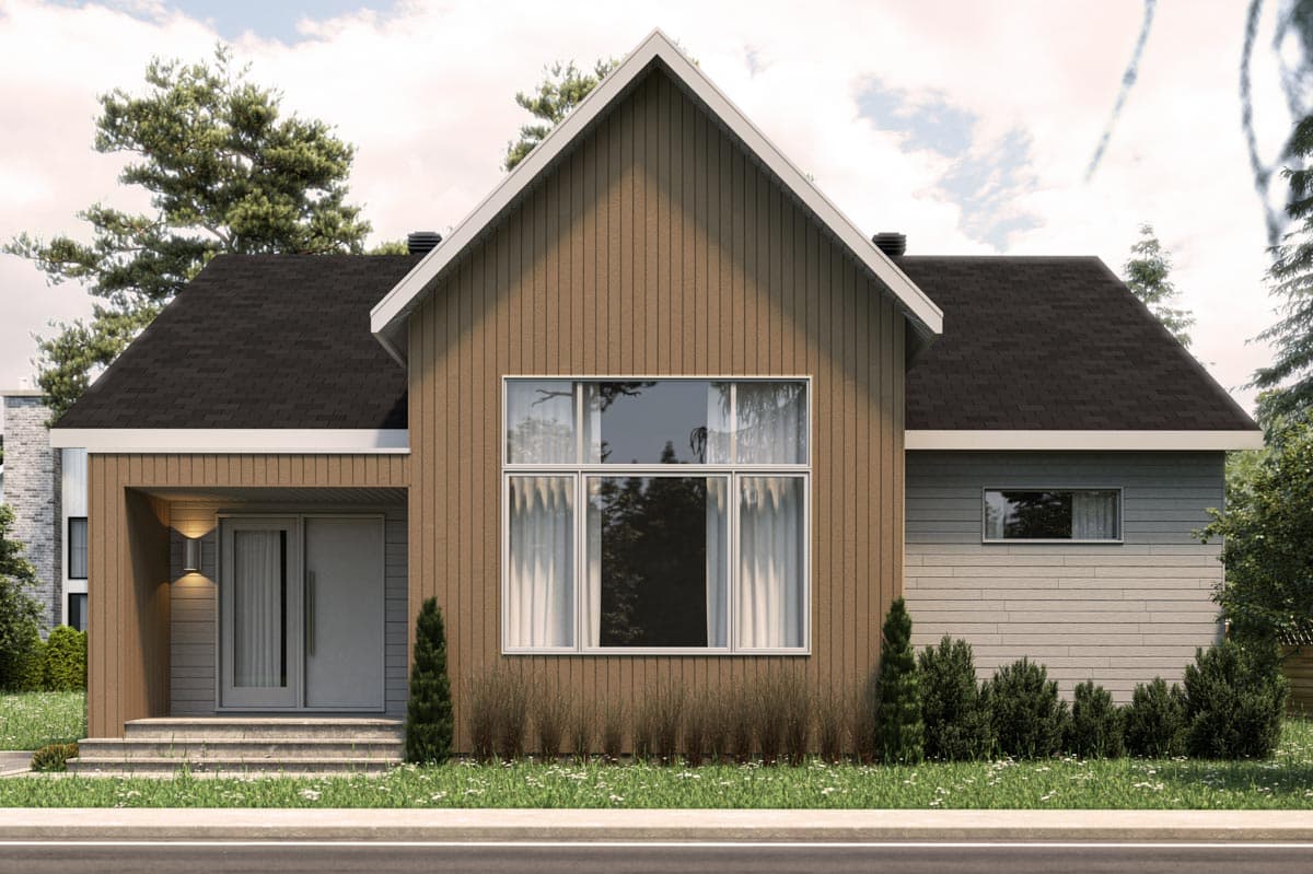 House plan exterior, modern style, gabled roof, wood siding, covered entry with double doors, and large multi-pane window.