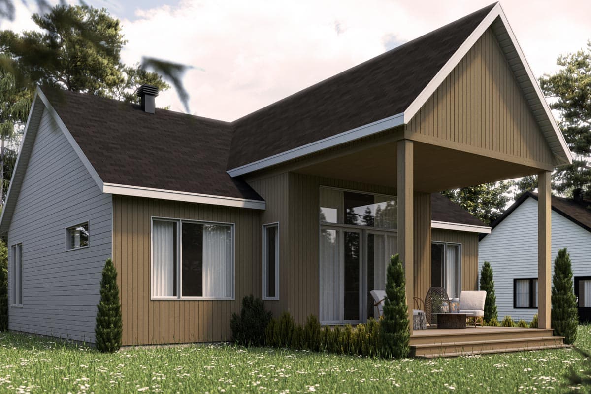 House plan exterior, single-story residence with a covered porch, gabled rooflines, and mixed siding.