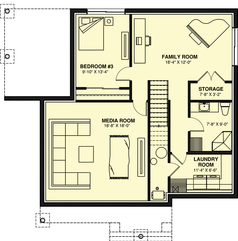 Plan 22605DR: Modern Country Cottage Plan with Lower Level Media Room and Laundry Chute - Floor Plan - Lower Level - Cottage, Country, Craftsman, European