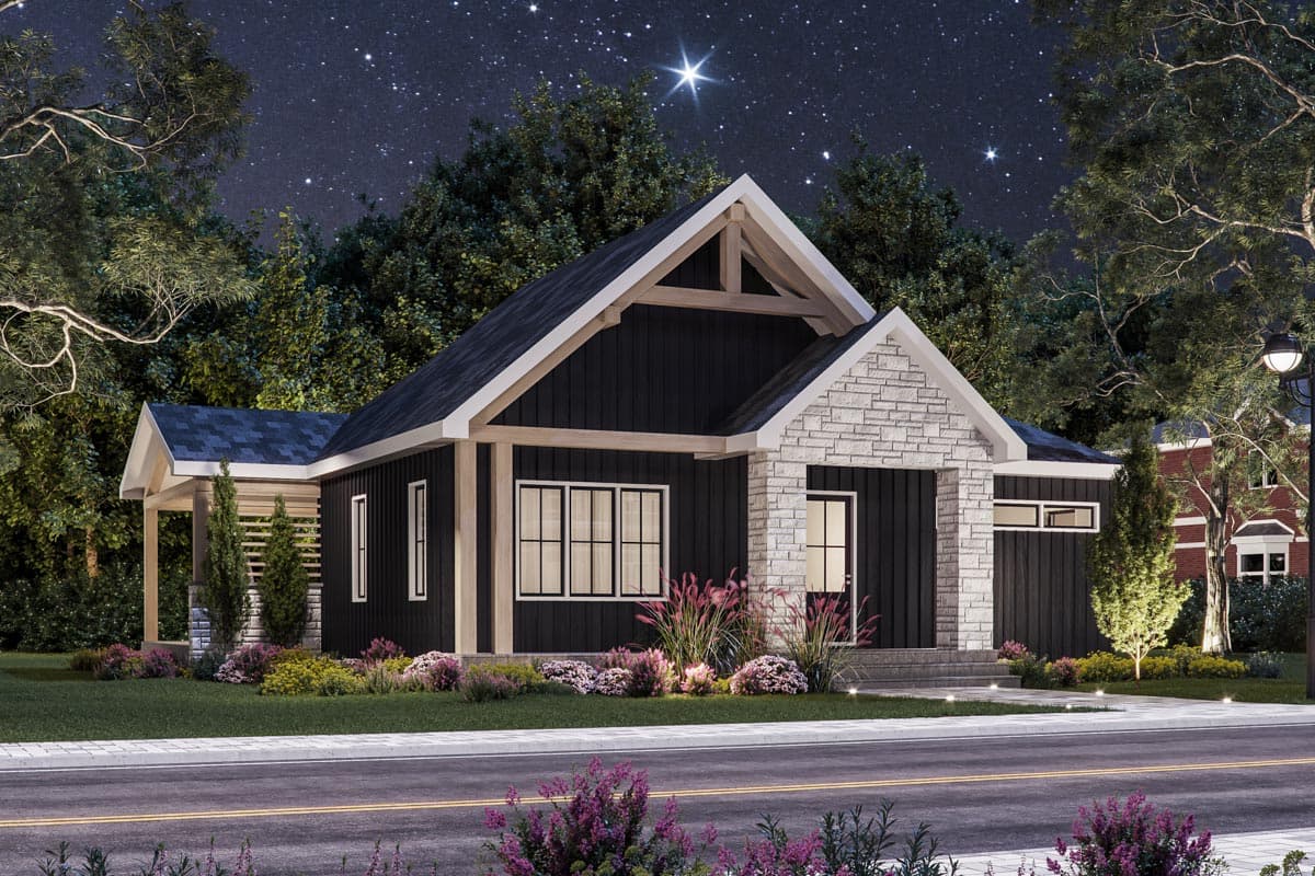 House plan exterior featuring a one-story, Craftsman-style home with gabled roof, stone facade entryway, and covered porch.