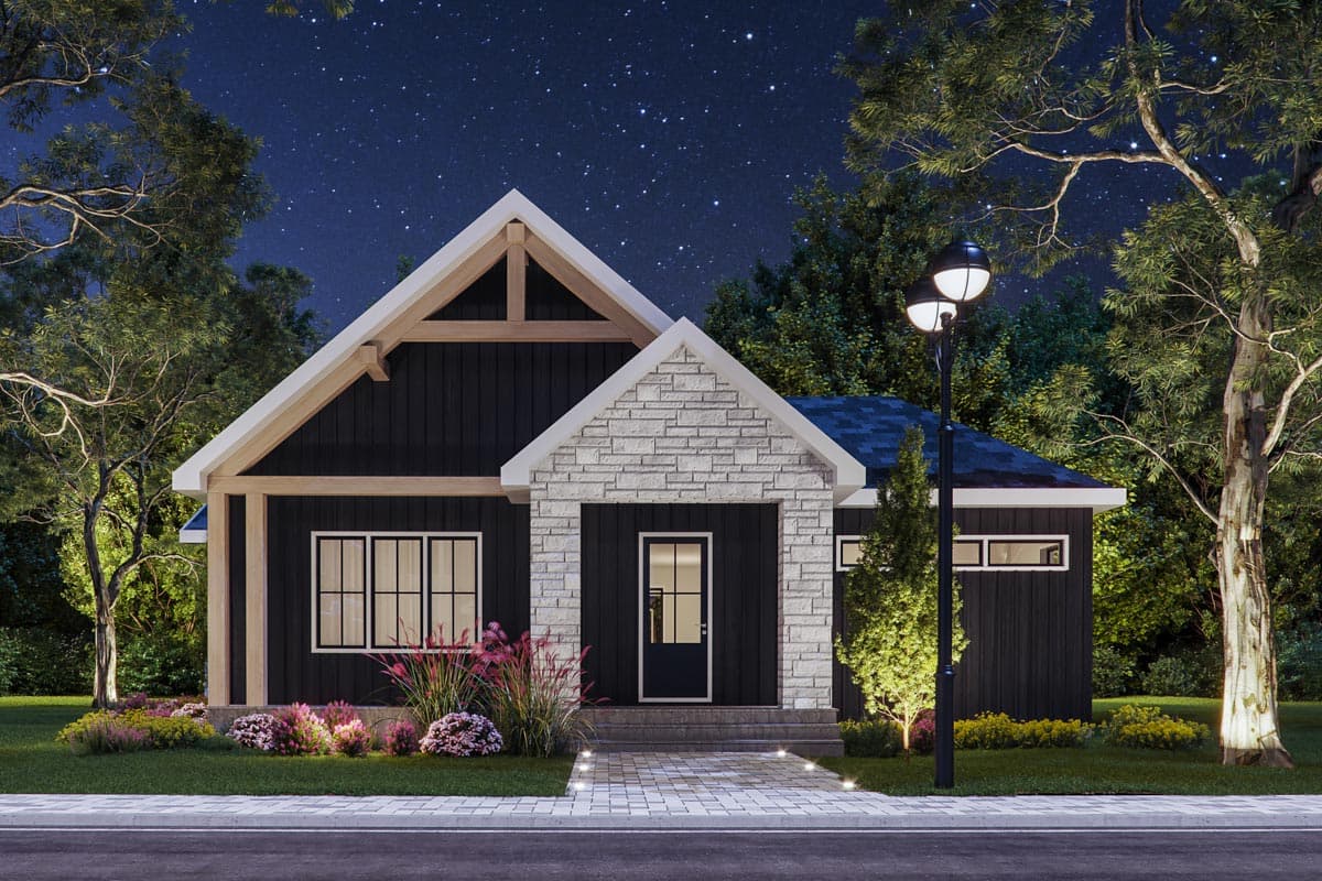 Modern Farmhouse house plan exterior with dark siding, stone accent entry, large gable with exposed rafter tails, and multiple windows.
