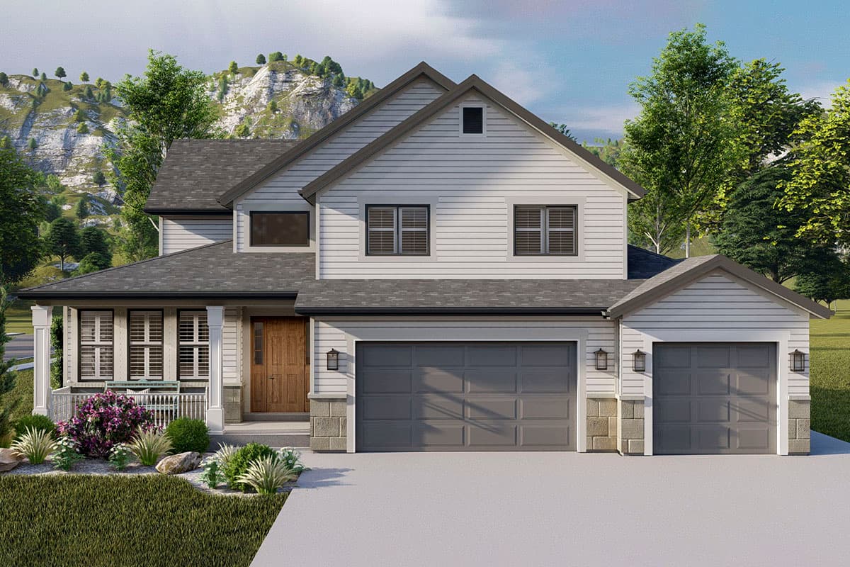 House plan exterior. Two-story Modern Farmhouse style with gabled roof, front porch with columns, and attached two-car garage.