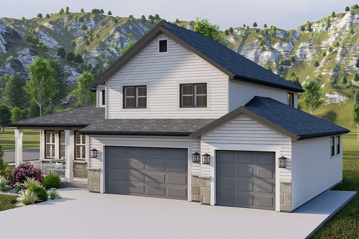 House plan exterior: Two-story Modern Farmhouse with a front-facing 3-car garage, covered porch with columns, and a prominent gable.