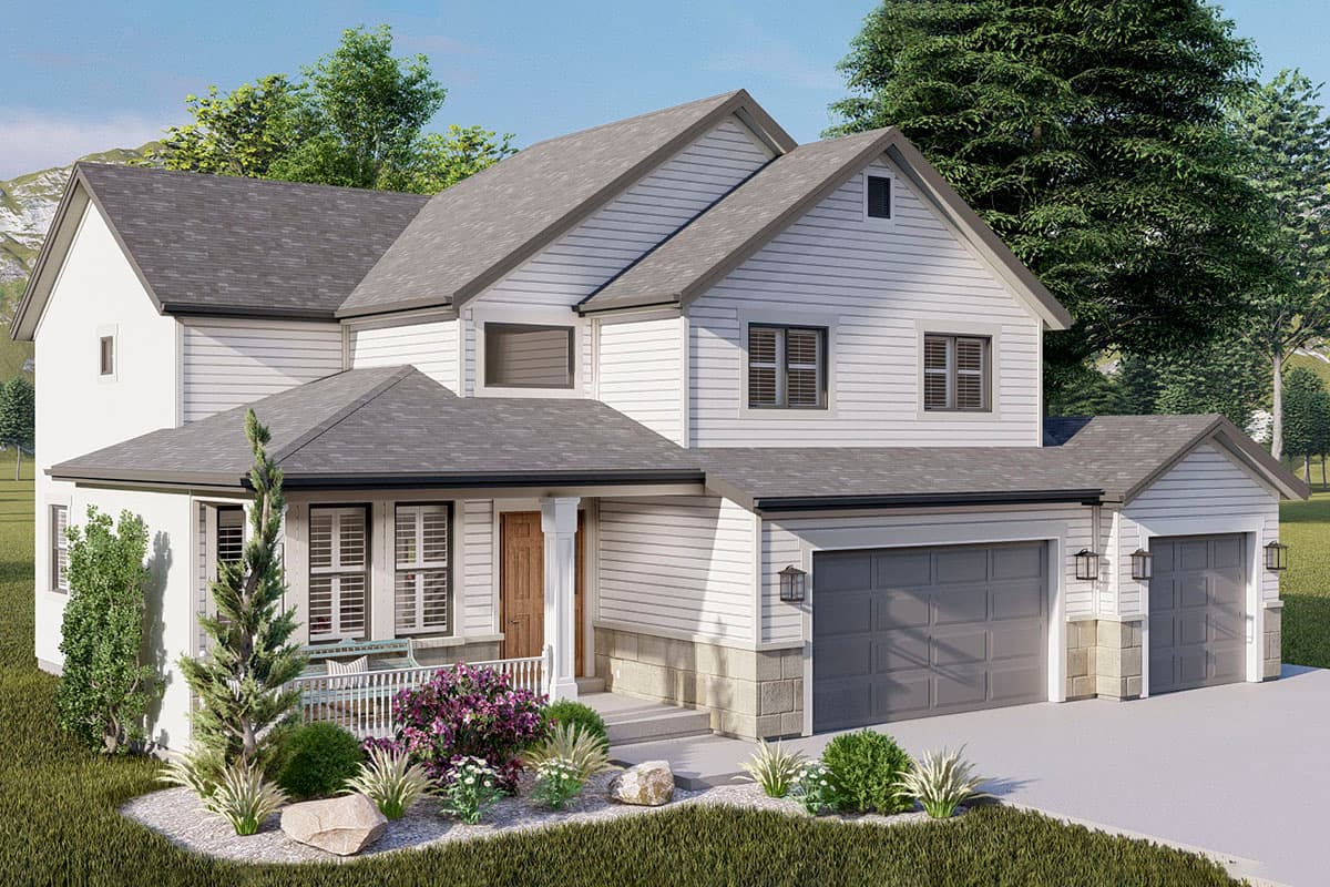 Two-story house plan exterior with a gable roof, covered front porch with white railing, and a three-car garage.