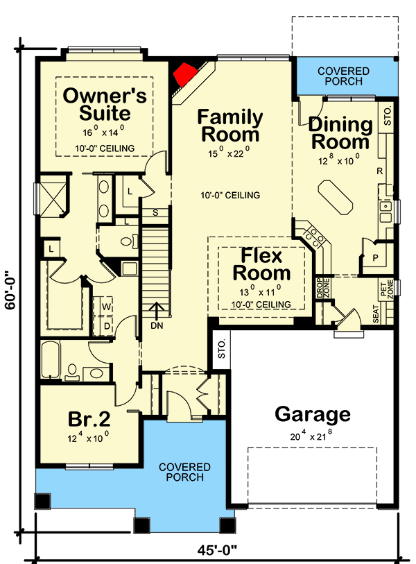Plan 42673DB: Classic 2-Bed Craftsman Plan with Flex Room and Grilling Porch - Floor Plan - Main Level - Craftsman, Northwest
