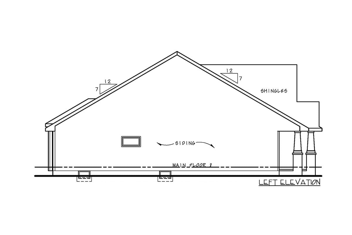 Left elevation drawing of house plan showing a prominent gable roofline, siding, and shingles.