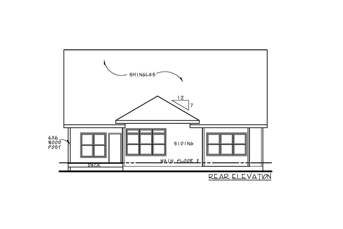 Rear elevation drawing of a house plan with shingles, siding, and a deck.