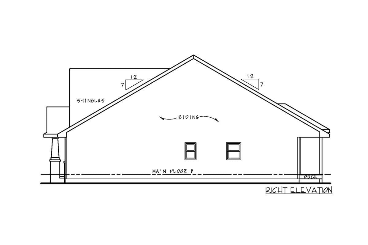 Right elevation drawing of a house plan featuring a gabled roof, siding, shingles, two windows, and a deck.