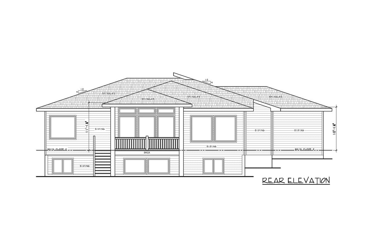 Rear elevation drawing of a two-story house with siding, a deck, and multiple gables.