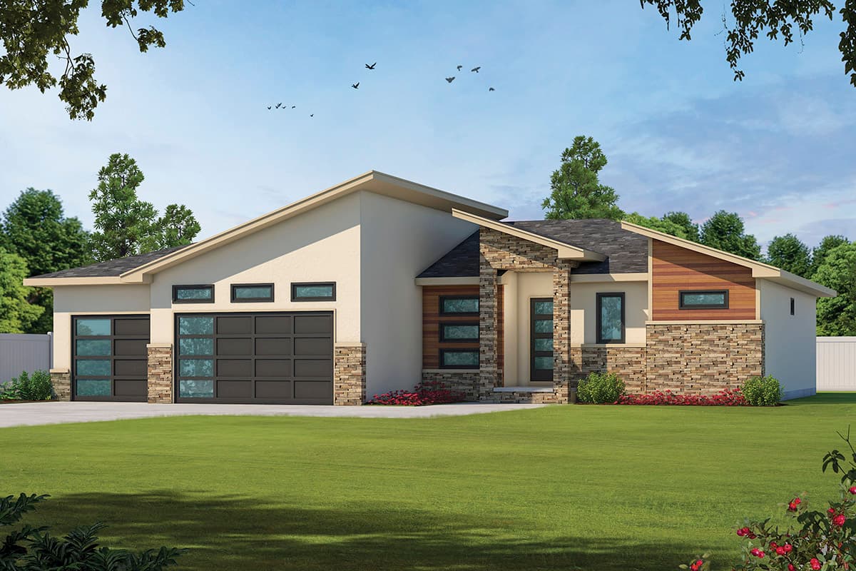 House plan exterior with modern design, single story, and flat and angled rooflines. Features include stone accents, and glass garage doors.