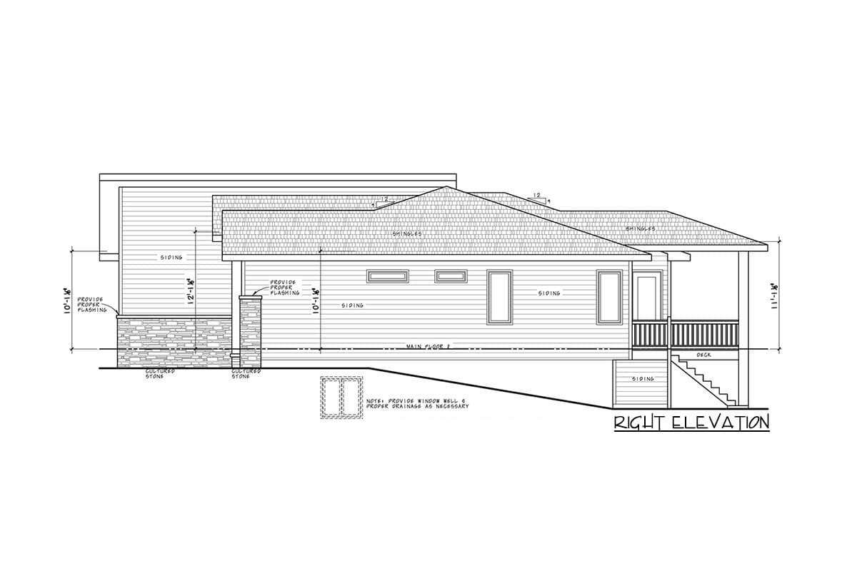 Architectural house plan right elevation drawing showing siding, cultured stone, a deck with stairs, and rooflines.