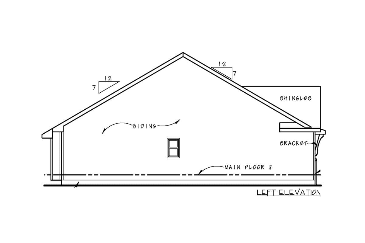 House plan left elevation showing siding, shingles, brackets, and a single window.