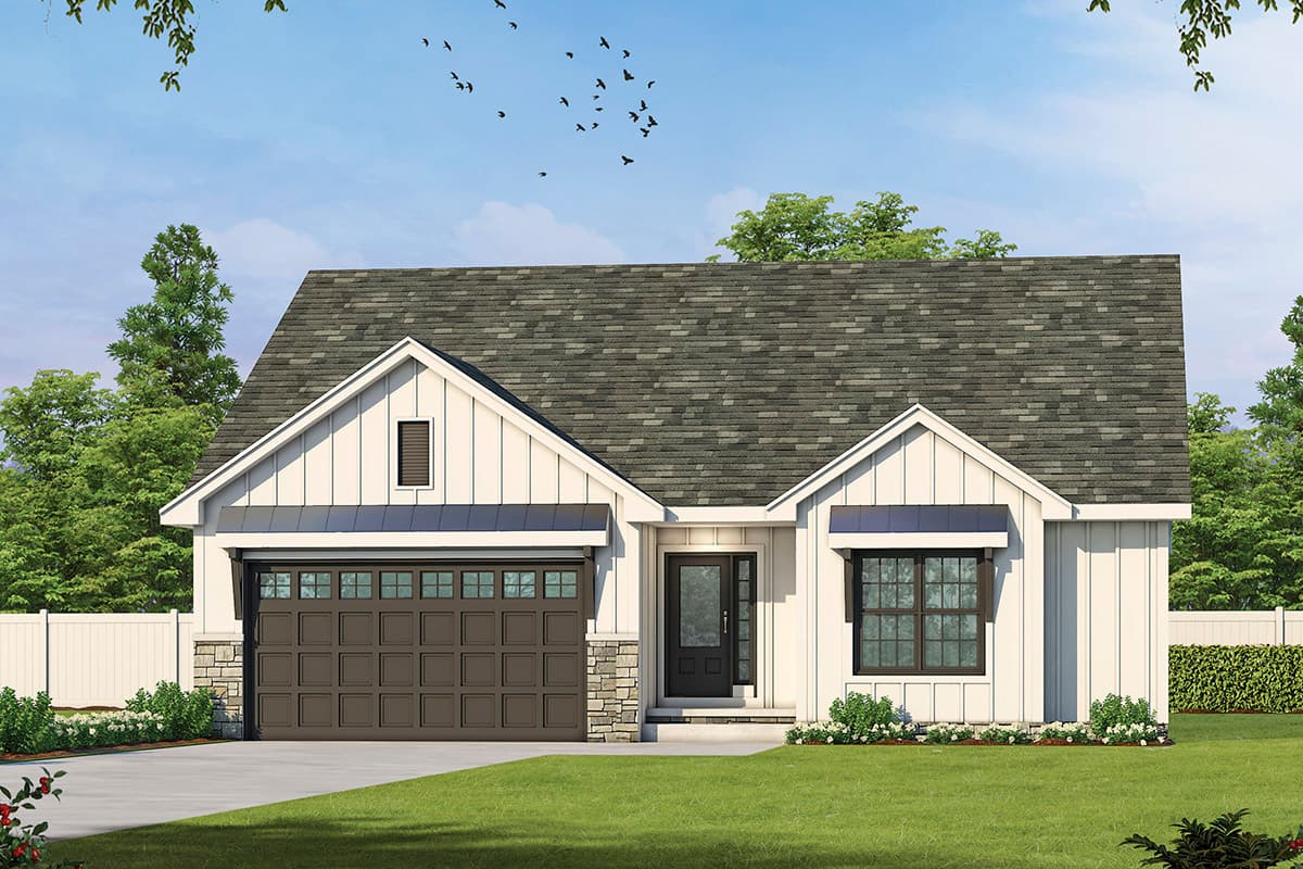House plan exterior. Modern Farmhouse style with a single story, board and batten siding, gable roof, and attached garage.