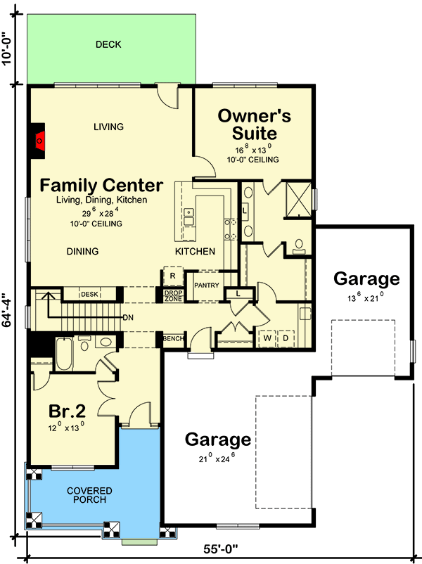 Plan 42676DB: 2-Bed Country Craftsman Plan with Open Concept Living Space - Floor Plan - Main Level - Country, Craftsman, Traditional