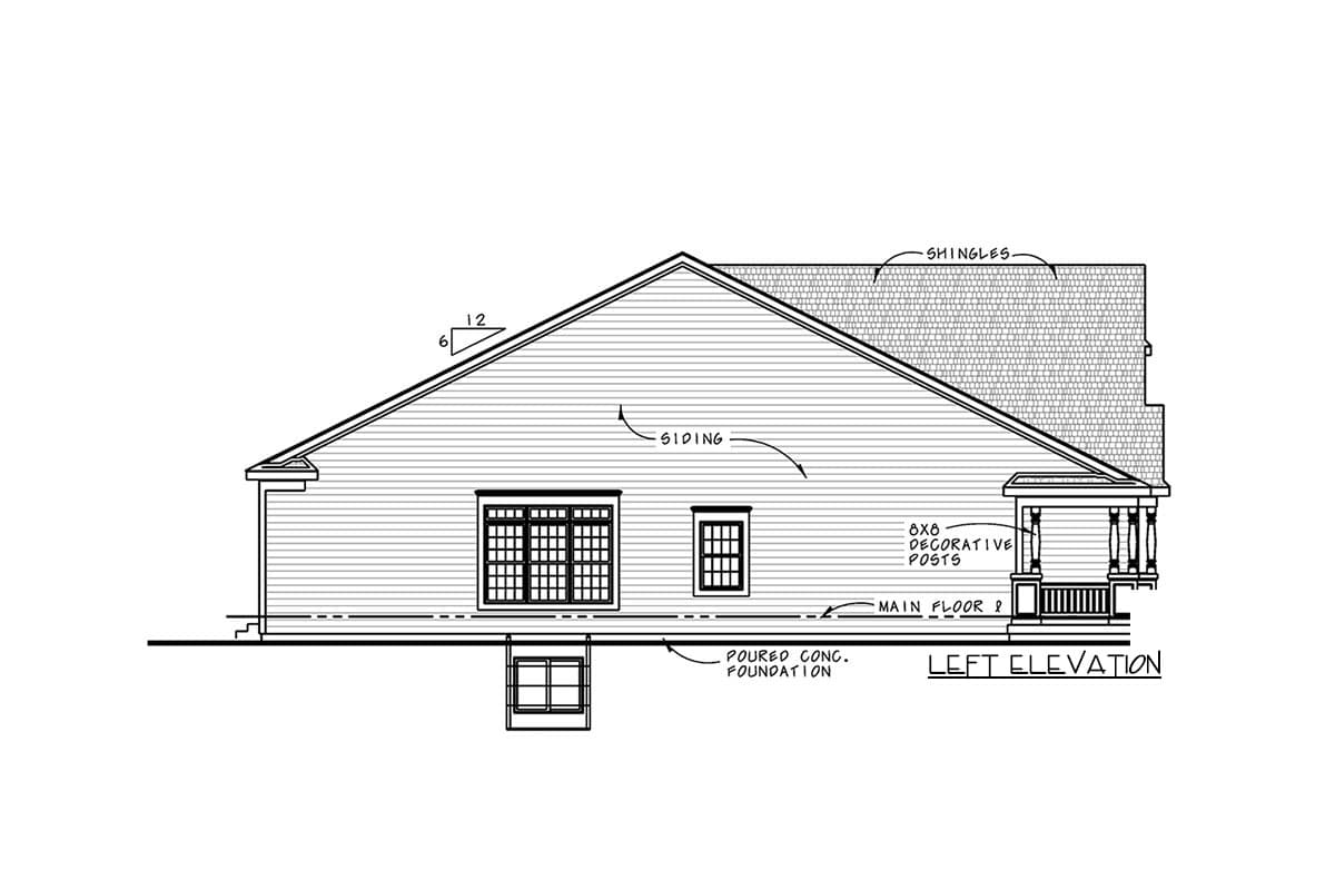 Left elevation house plan showing siding, shingles, a gabled roof, a covered porch with decorative posts, and a poured concrete foundation.
