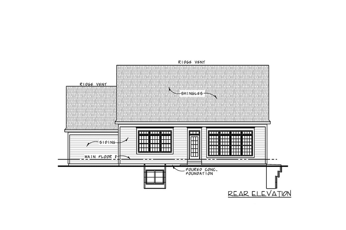 Rear elevation drawing of a house plan, showing siding, shingles, multiple windows, and a poured concrete foundation.
