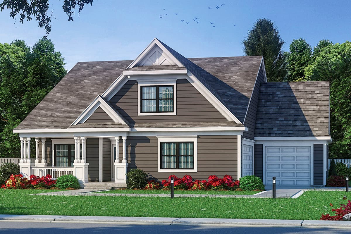 House plan exterior. Two-story Craftsman home with a front porch supported by columns. Features include gabled roof and attached garage.