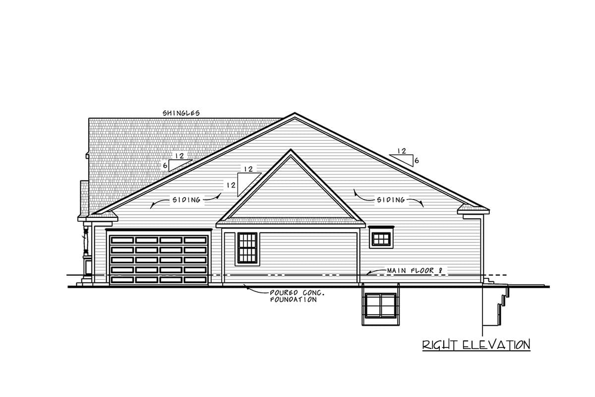 Right elevation house plan drawing with siding, gables, garage, and poured concrete foundation.