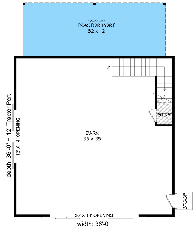Plan 68766VR: Car Barn with 1296 Sq Ft of Vehicle Space with Tractor Port and 993 Sq Ft Loft - Floor Plan - Main Level - Barndominium, Country, Rustic
