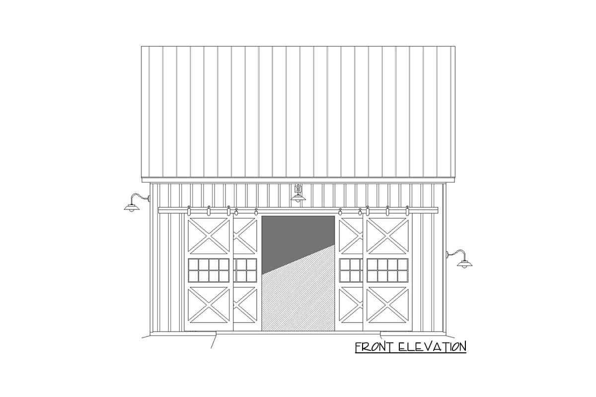 Front elevation drawing of a barn-style structure with double sliding doors and two windows per door.