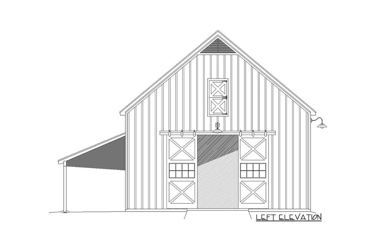 Left elevation drawing of a barn-style house with large sliding doors, a small upper window, and an attached shed roof section.