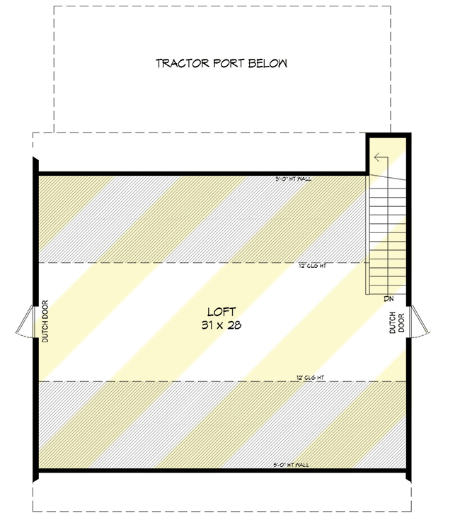 Plan 68766VR: Car Barn with 1296 Sq Ft of Vehicle Space with Tractor Port and 993 Sq Ft Loft - Floor Plan - 2nd Floor - Barndominium, Country, Rustic