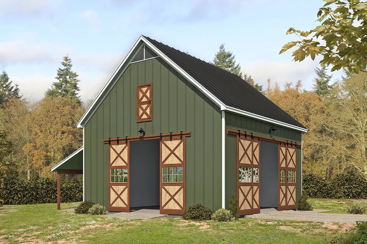 House plan exterior. Two-story barn style building with gabled roof, sliding barn doors, and vertical board-and-batten siding.