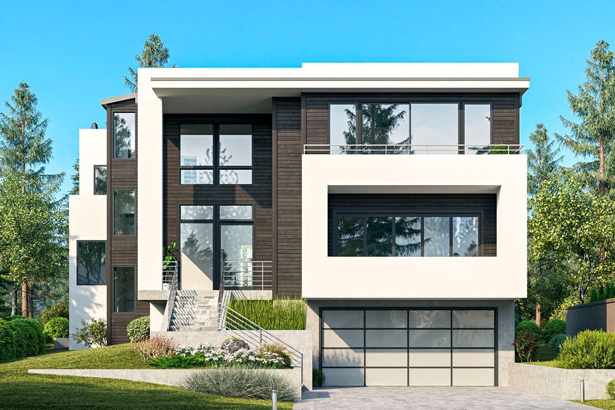 House plan exterior. Two-story Modern house with flat roof, horizontal siding, and a two-car garage. Features include large windows.