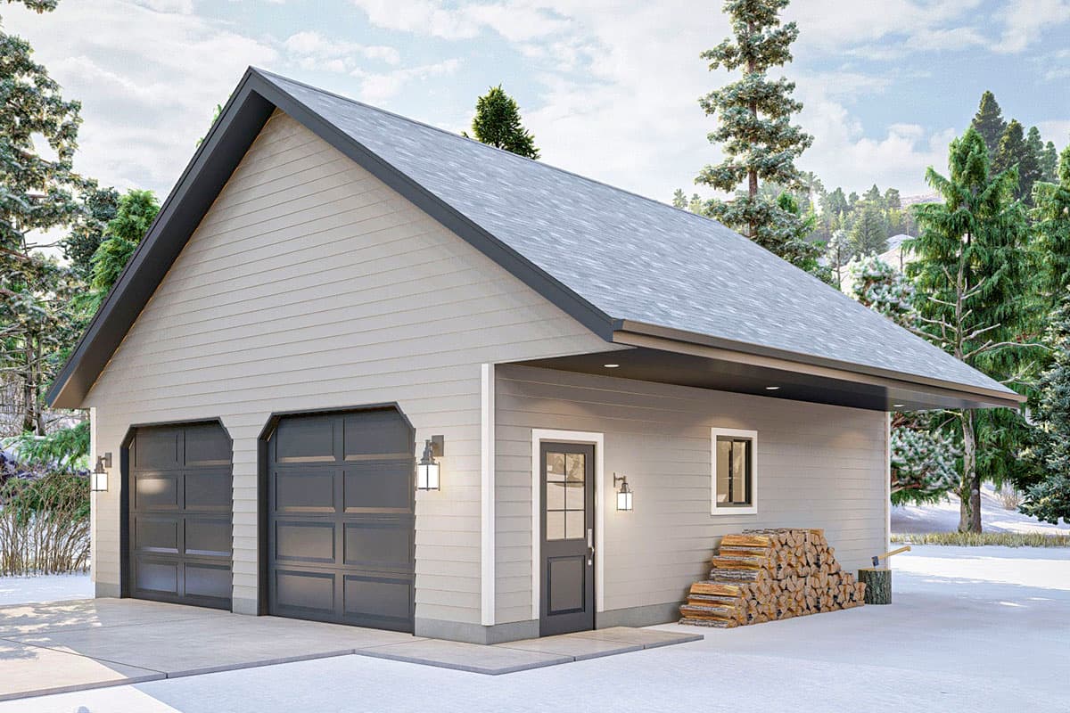 House plan exterior. Two-car garage with gabled roof, horizontal siding, and a covered entry. Features include a side entry door and small window.