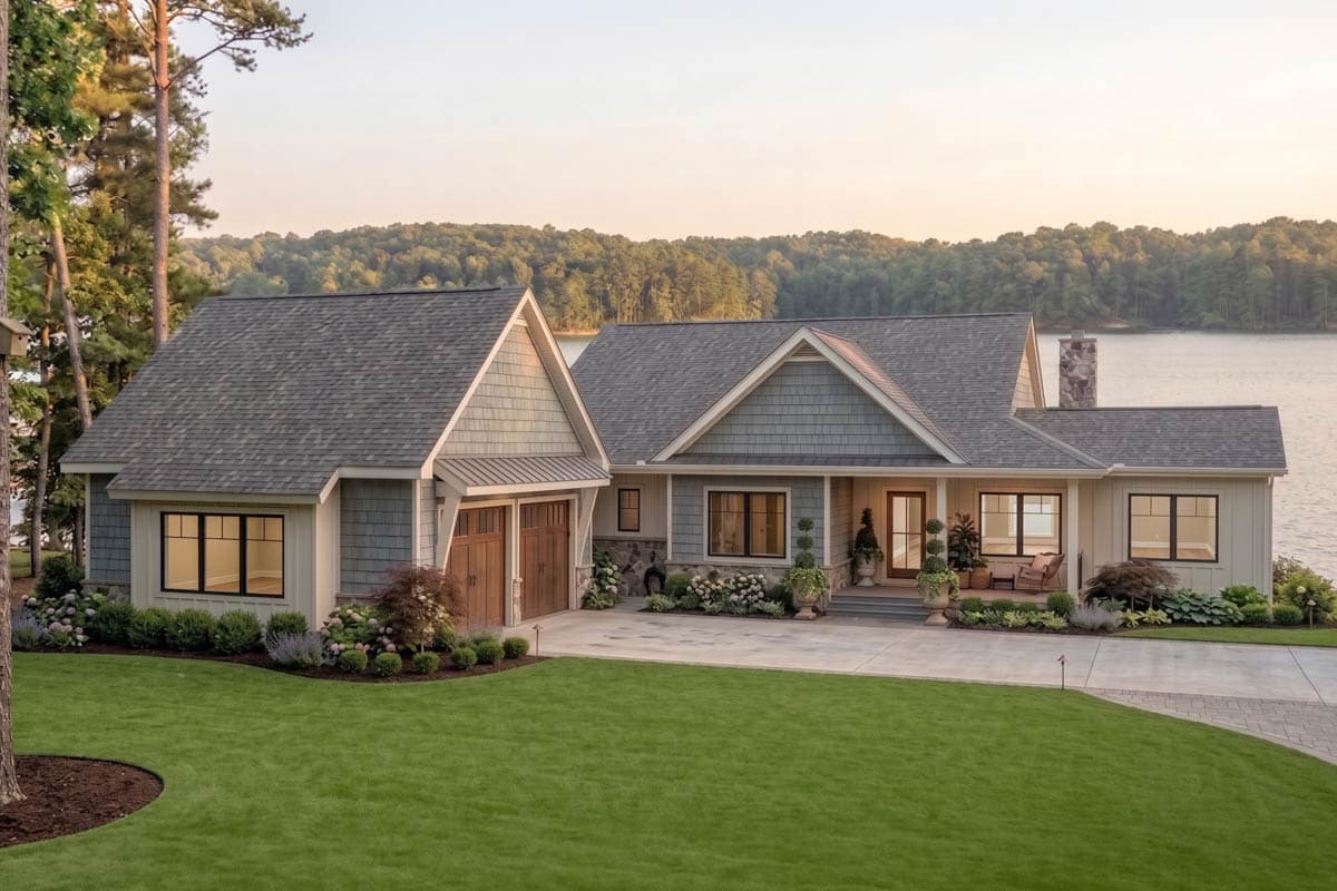 House plan exterior with Craftsman style. Features include gabled rooflines, a front porch, and a two-car garage. Stone accents are present.