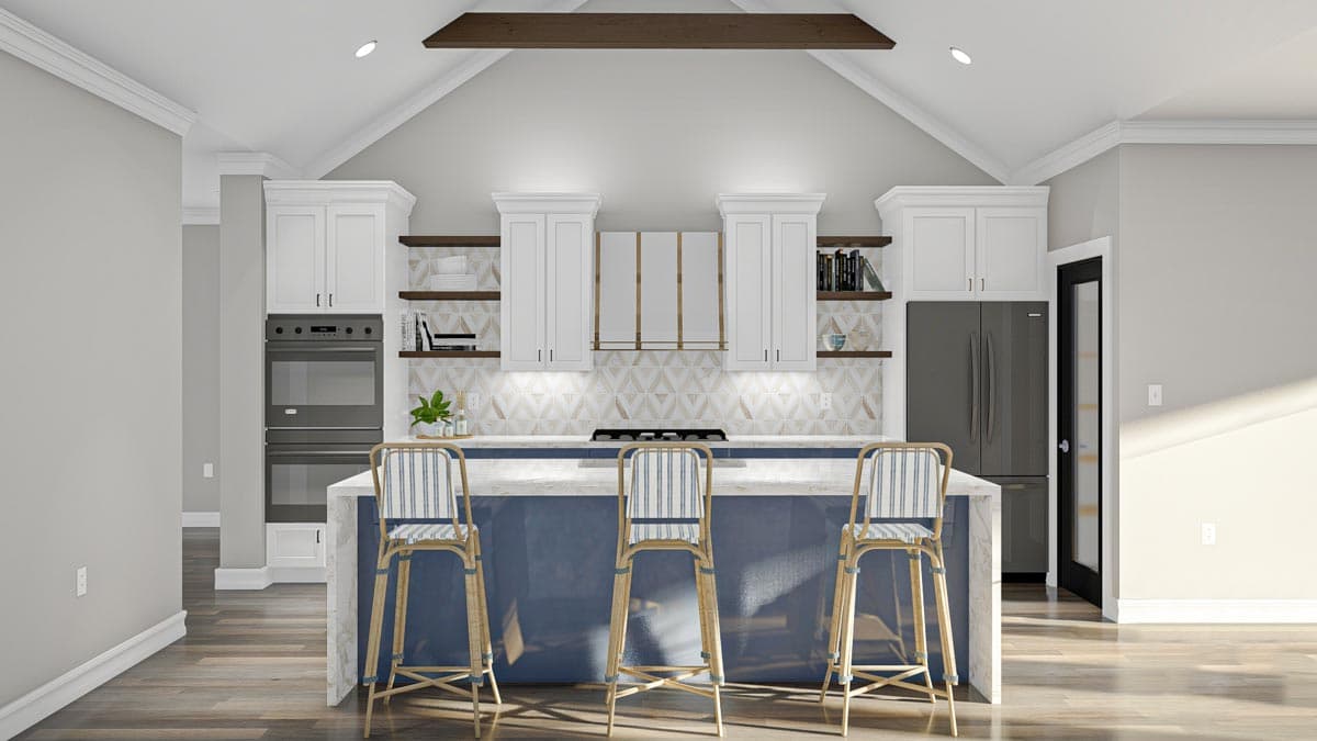 Kitchen with vaulted ceiling, island with bar stools, double oven, range hood, and modern cabinetry.