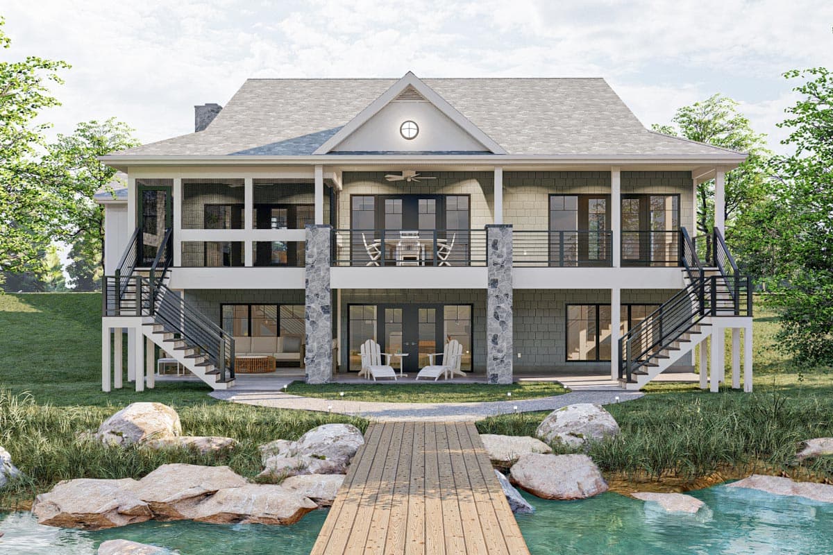 House plan exterior: Two-story home with gables, multiple screened porches, stone-accented columns, and exterior staircases.