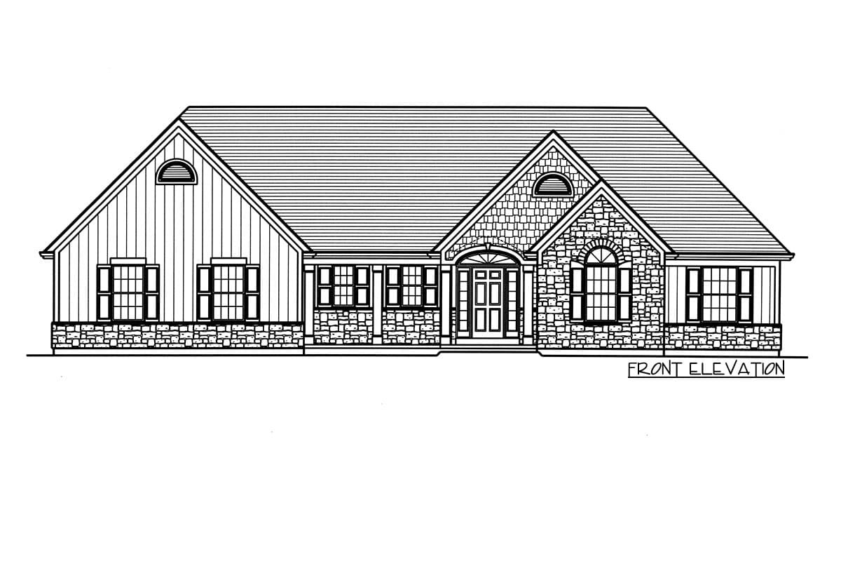Front elevation house plan: one-story with stone and vertical siding, prominent gables, dormers, and covered entryway.