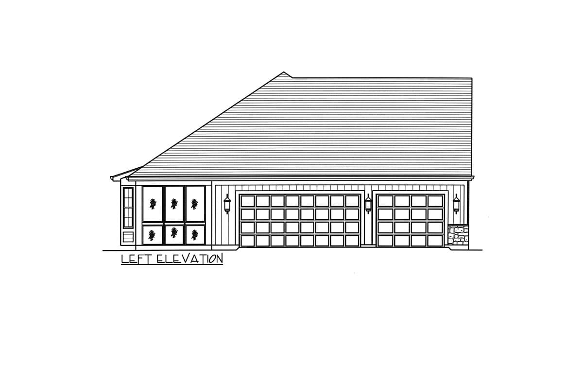 Left elevation house plan showing a large gable roof, three garage bays, and a covered porch with windows.