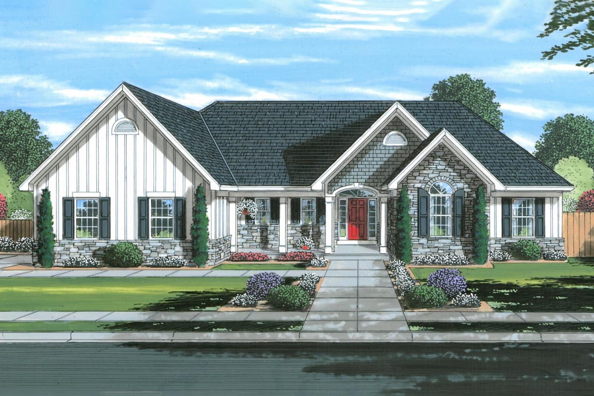 House plan exterior with board and batten siding, stone accents, gabled roof, and a front porch. Features an arched entryway with a red door.