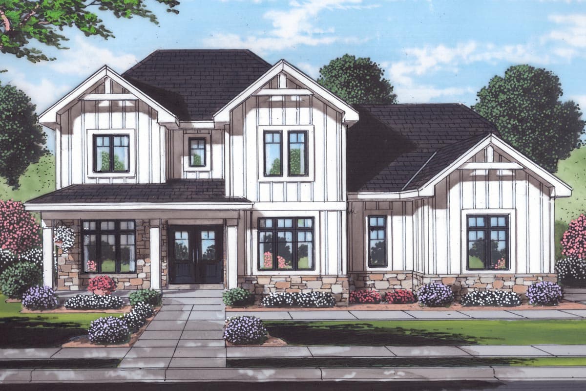 House plan exterior. Modern Farmhouse style, two-story home. Features include gabled rooflines, a covered porch, and board-and-batten siding.