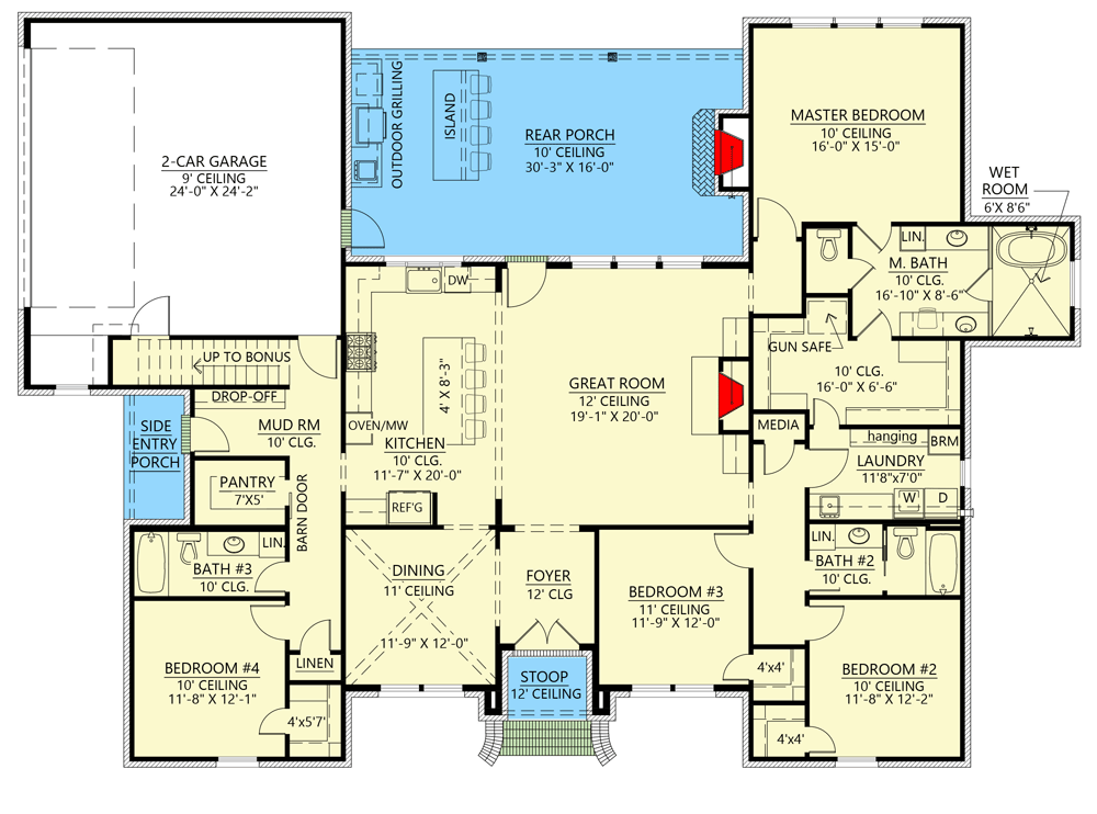 Plan 56504SM: 4-Bedroom French Country House Plan with Bonus over Garage - 2666 Sq Ft - Floor Plan - Main Level - Acadian, European, French Country, Louisiana-Style, Southern, Southern Traditional