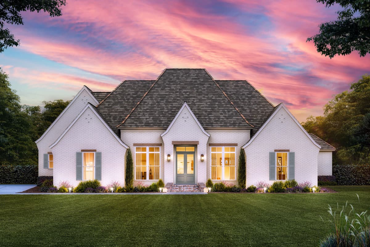 House plan exterior, one story, white brick, prominent gables, dual dormers, and a central peaked roof.