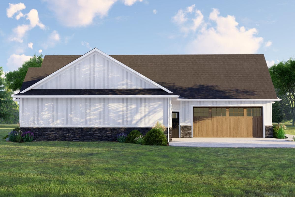 House plan exterior: Modern farmhouse style, one story, white board-and-batten siding, stone skirt, gable end, and wood garage door.