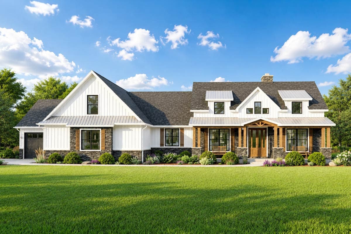 House plan exterior. Two-story Modern Farmhouse with gables, a covered porch, dormers, and stone accents. Features a detached garage.